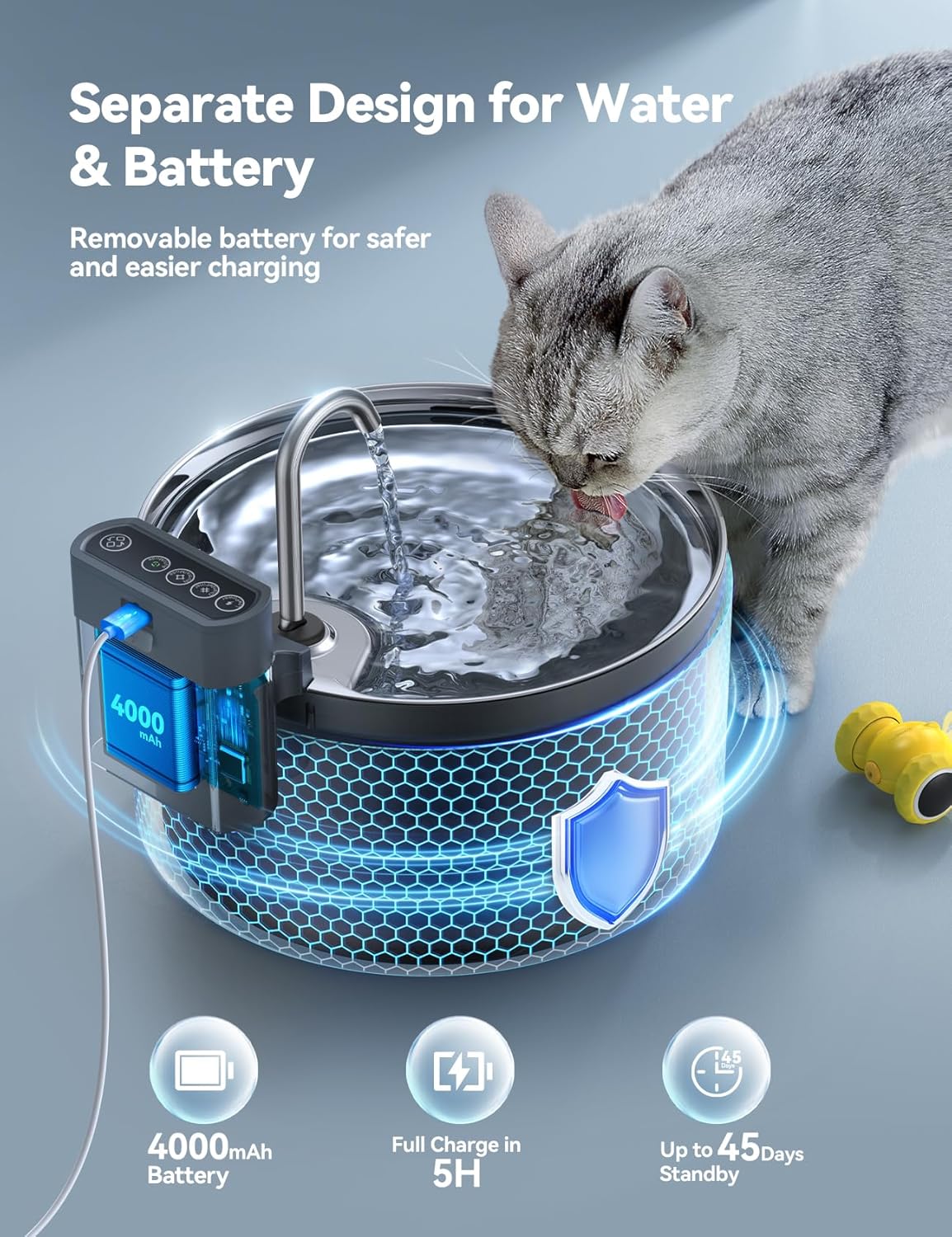 Wireless Cat Water Fountain [Water & Battery Separation]  4000Mah Battery Operated Cat Fountain, Cordless Pet Fountain with Motion Sensor for Cats Dogs-3.5L/118Oz